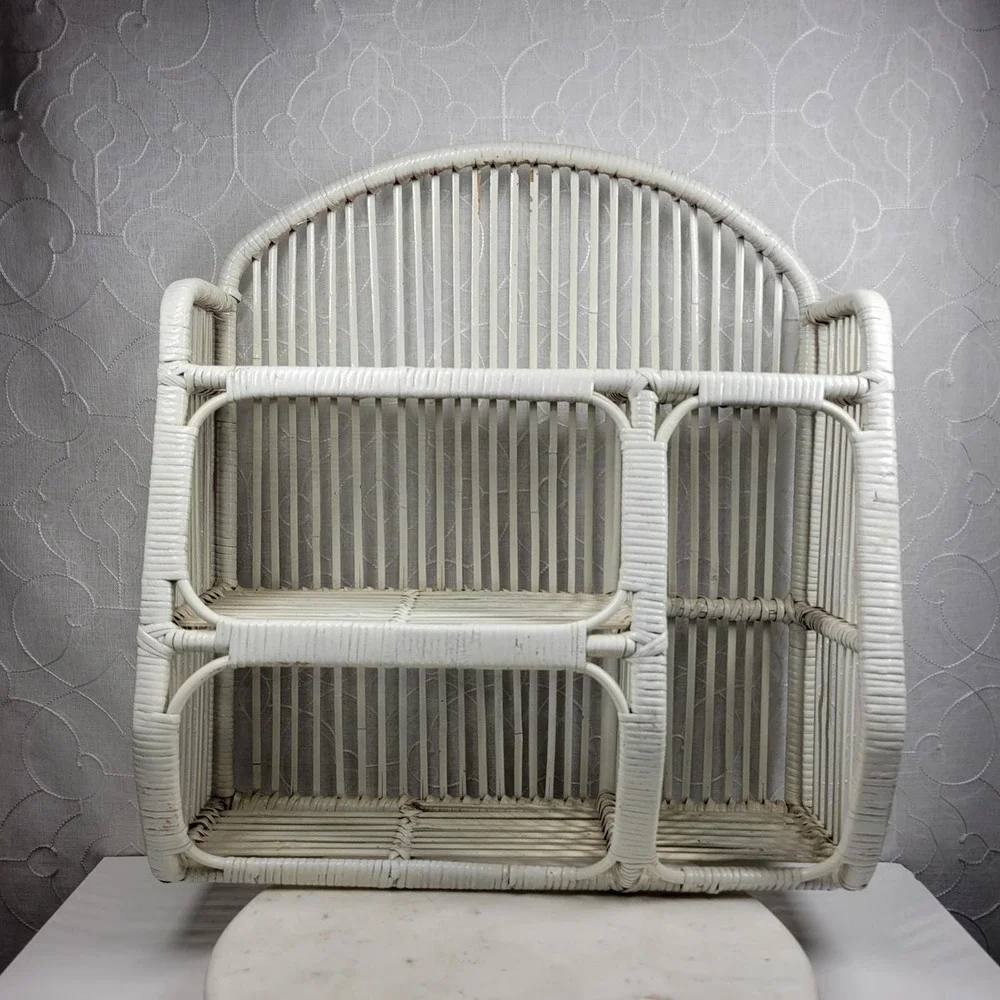 VTG Wrapped Rattan Wicker Shelf White Arched 3 Tier Boho Storage Cabinet